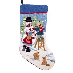 Vintage Christmas Stocking Snowman with Kids/Chipmunks Wool EUC
